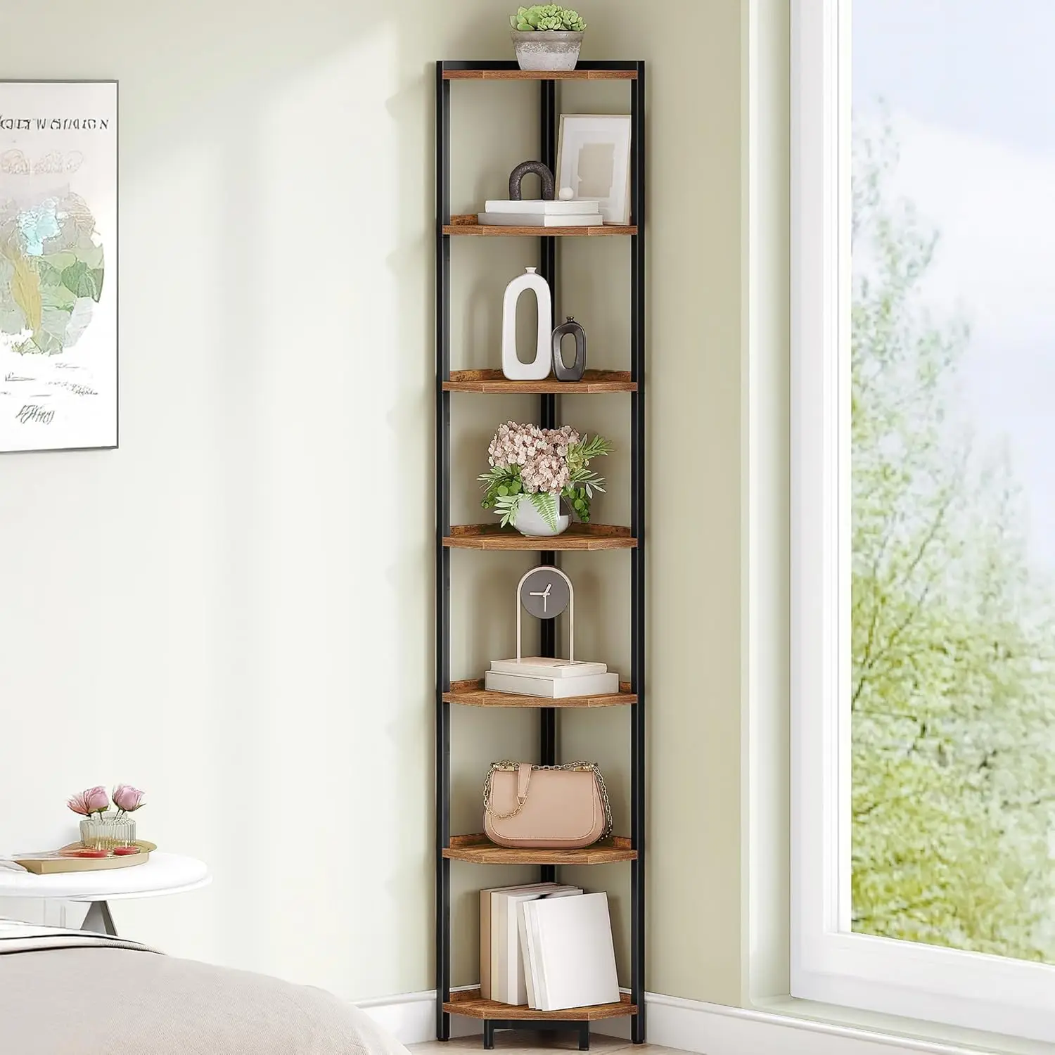 

7-Tier Corner Shelf, Rustic Brown Bookshelf with Metal Frame, Plant Stand for Living Room, Home Office, Bedroom