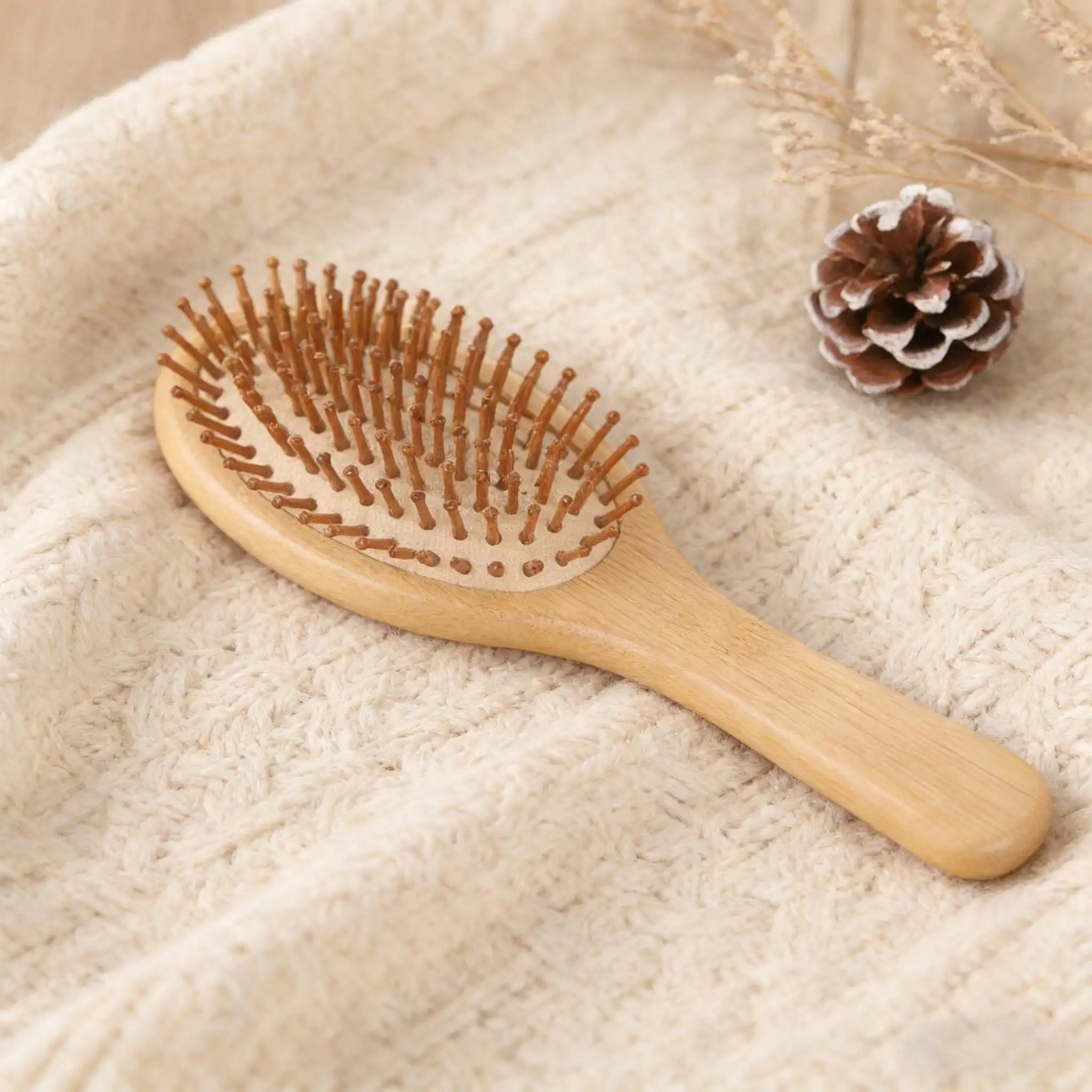 

Natural Bamboo Paddle Hair Brush & Tail Comb Set - Scalp Massage, For Thin Long Curly Hair, Women's Hair Care Tool