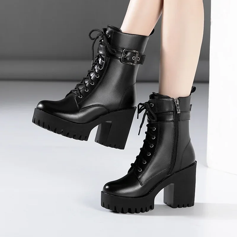 Small Size 32 33 34-43 Vintage Chunky Platform Shoes Winter 2024 Side Zip High Heels Motorcycle Ankle Boots with Warm Plush