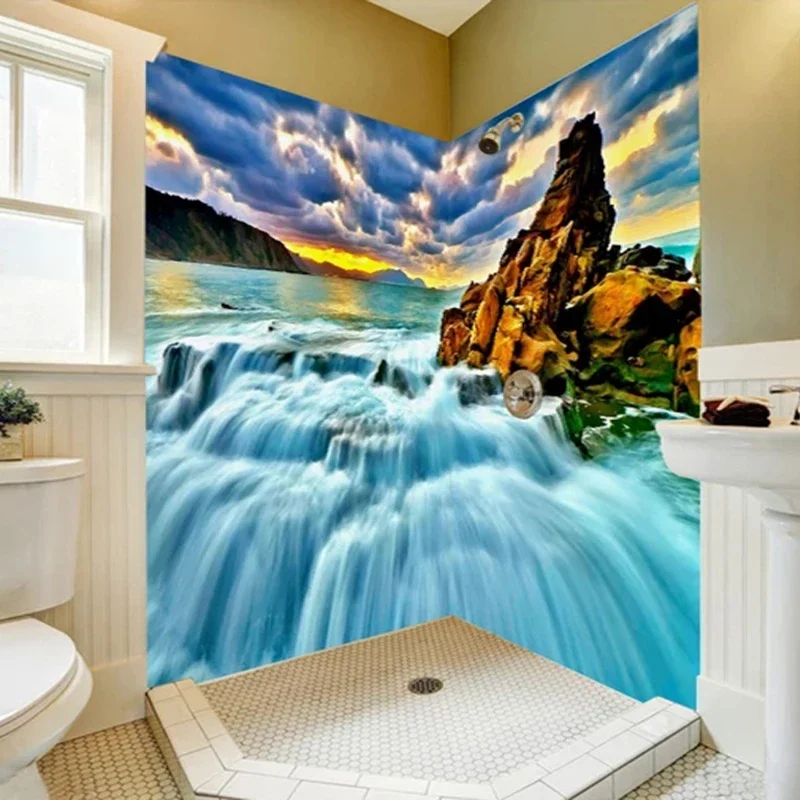 Custom Self Adhesive Mural Wallpaper 3D Seaside Sea Landscape Wall Sticker Bathroom Kitchen Waterproof PVC Wall Papers