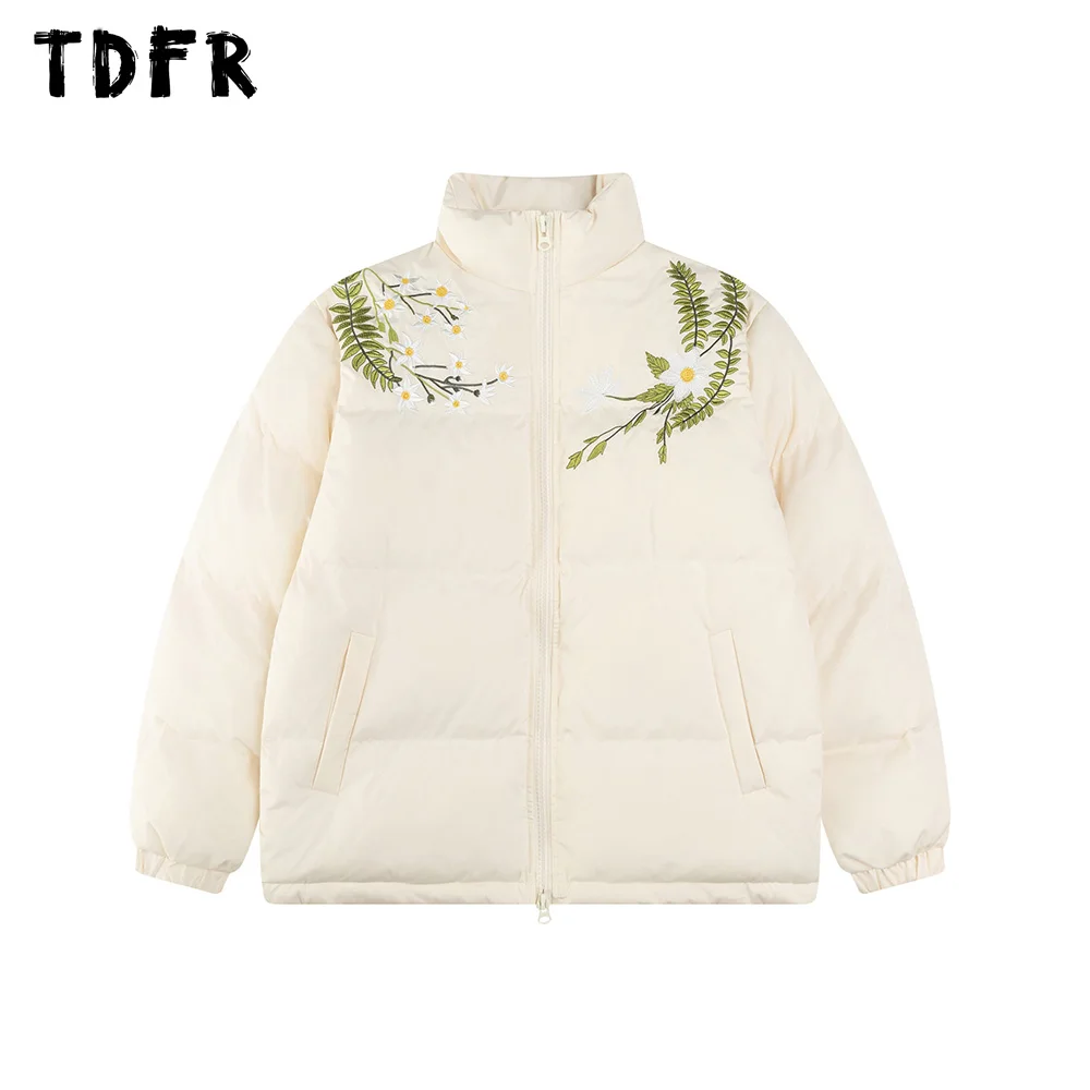 Flower Embroidery Padded Jacket Mens Winter Thick Streetwear Drawstring Hem Long Sleeve Stand collar Bread jacket Men