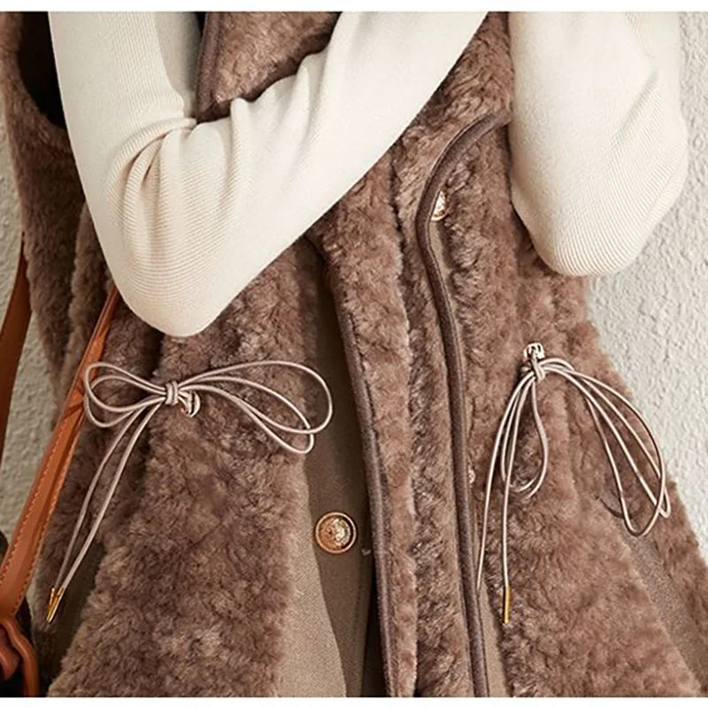 Winter Women Spliced Lamb Hair Vests Lace-up Fashion Elegant Vintage Slim Mid-Length Coat Office Lady Thicken Sleeveless Jacket