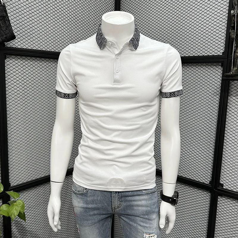 2026 New Men's Pattern Collar Polo Shirt Short Sleeve Summer Streetwear Slim Fit Casual Tee High Quality Jacquard Knitted Top