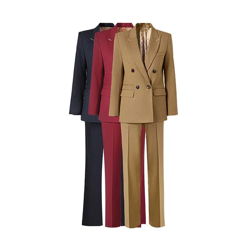 Fashionable Wool Blend Suit Set for Women Straight Leg Pants Double Breasted Long Sleeve Professional Workwear Spring Autumn