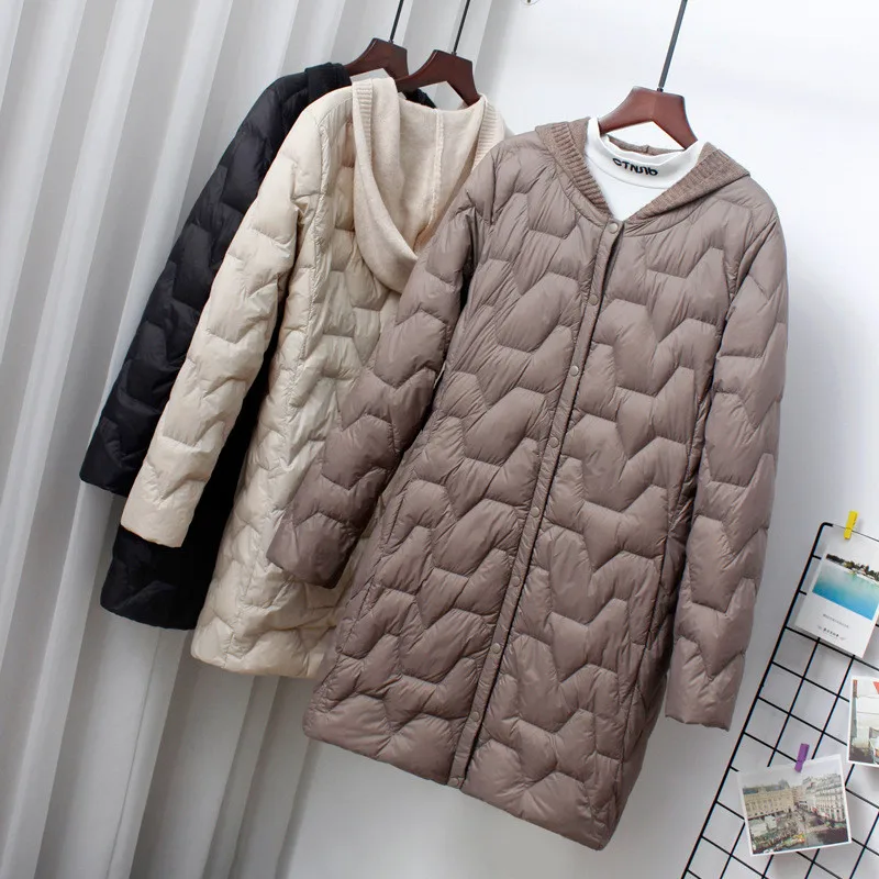 New Autumn Winter Ultra Light White Duck Down Jacket Women Midi Long Knitted Hooded Down Coat Parkas Ladies Warm Puffer Outwears
