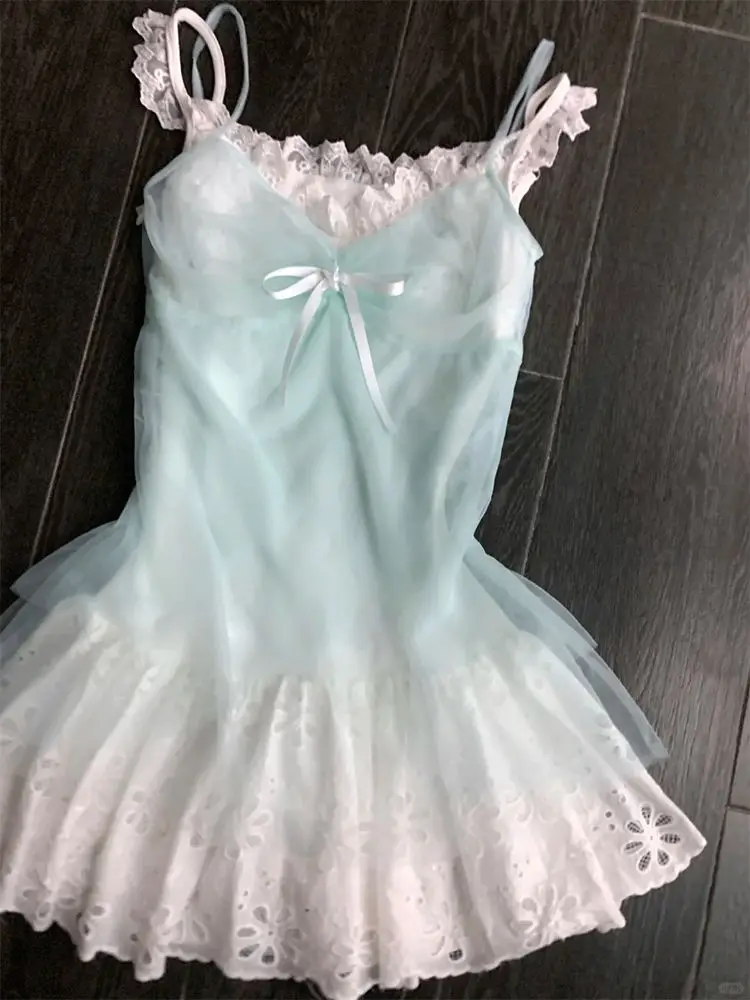 

Summer Sweet Bow Hollow Out Vest Dresses+ Y2k Lace Patchwork Slim Waist Camisole Dress 2025 Summer New Two Piece Sets