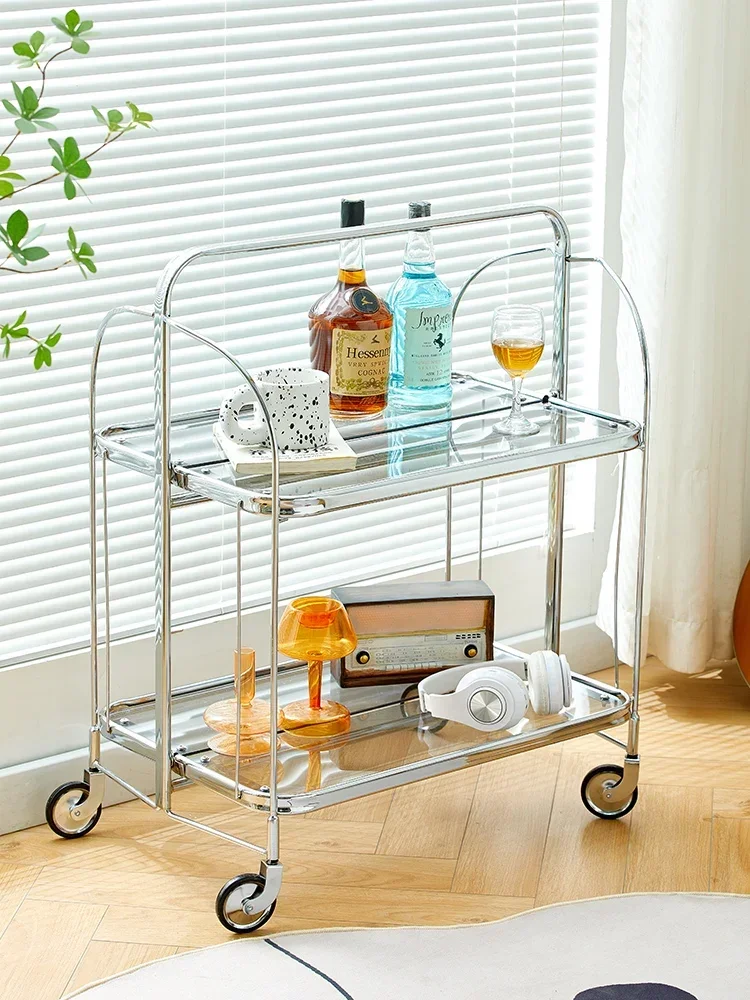 Medieval Glass Trolley Living Room Ins Sofa Side Table Movable Folding Cart Stainless Steel Storage Rack