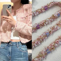 High End Custom Pink Tweed Ribbon Handmade Crystal Pearl Chain Decoration Clothing Pocket Sewing Accessories Lace Webbing Strap