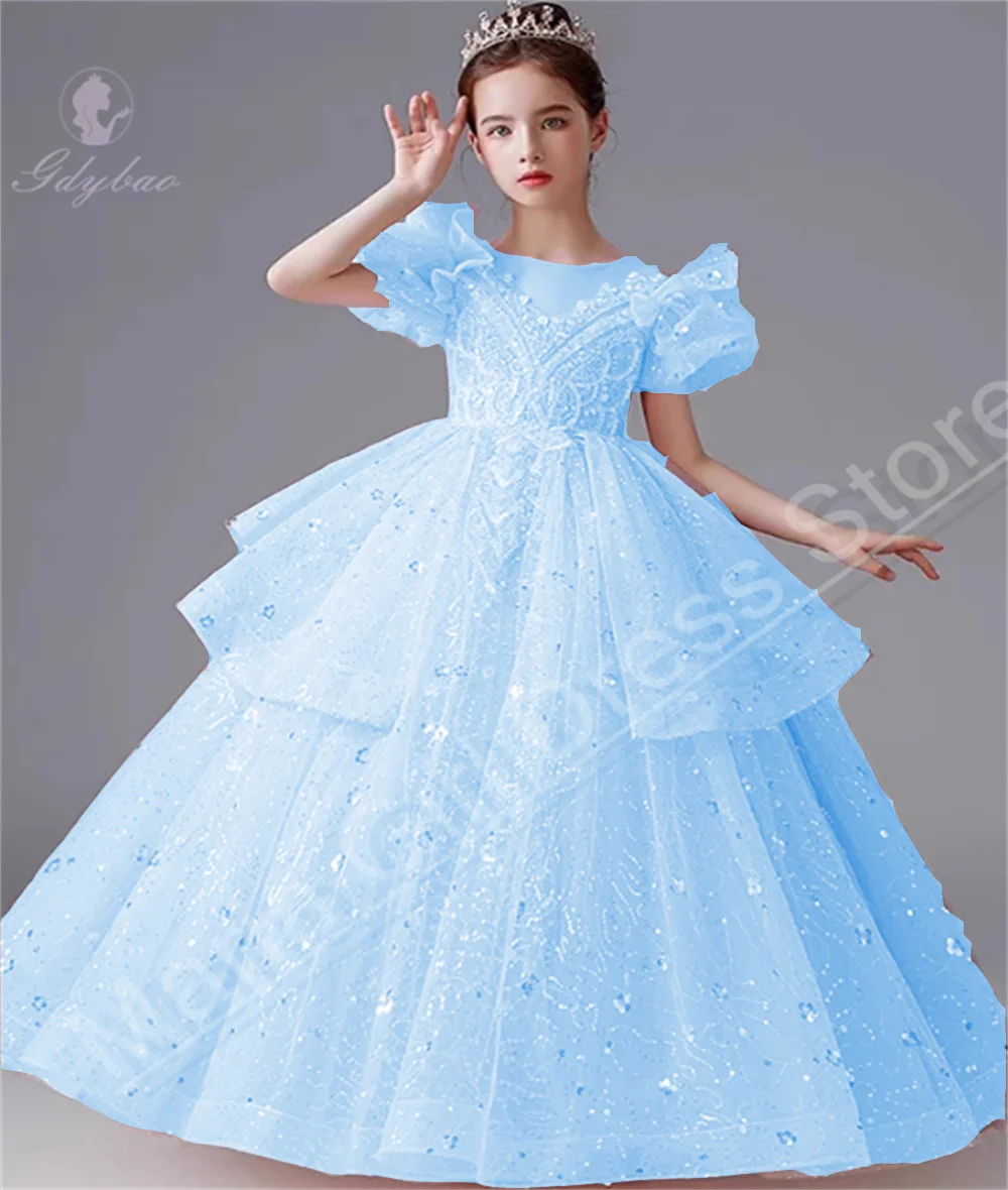 

Piano Performance Birthday Dress Luxury Sky Blue Flower Girl Dress Tube Beads Lace Suitable First Communion Children's Party