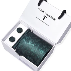 Tie For Men Brand New Style 8 cm Tie Pocket Squares Set Necktie Box Men Green Floral Suit Accessories Fit Formal Party
