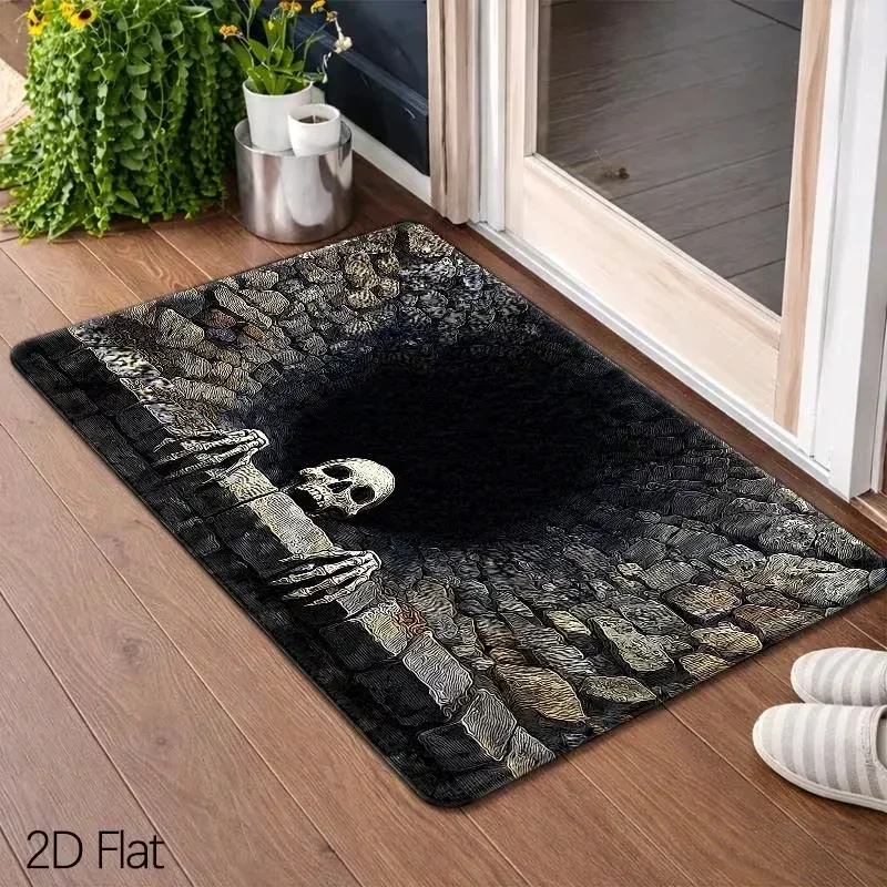 2D Flat Foot Mat, Gothic Horror Skull Theme Floor Mat Style for Halloween Decor Spooky Creepy, Haunting Suitable for Living Room
