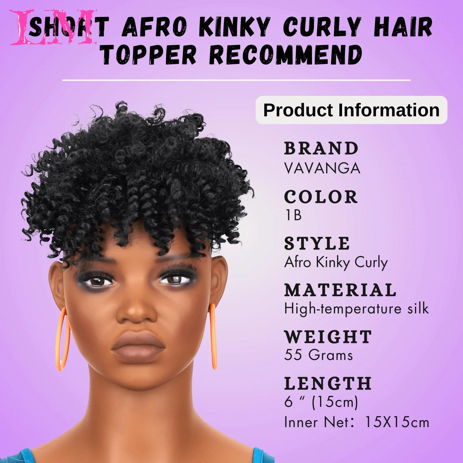 LM Synthetic Black Mini Afro Kinky Curly Clip In Hair Topper Short Coily Top Hairpiece For African American Women Daily Styling