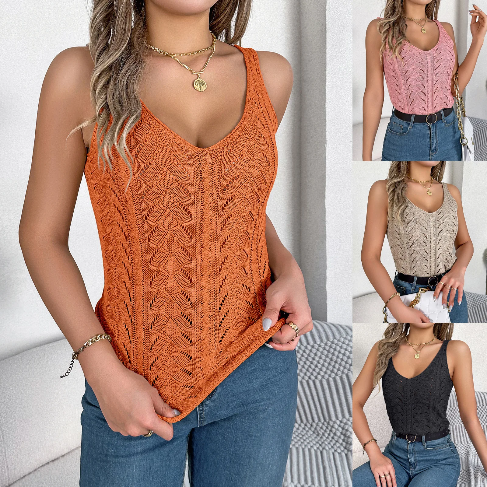 

Y2K summer fashion casual knitted hollow vest sexy solid color V-neck sleeveless shirt elegant pullover vest loose top