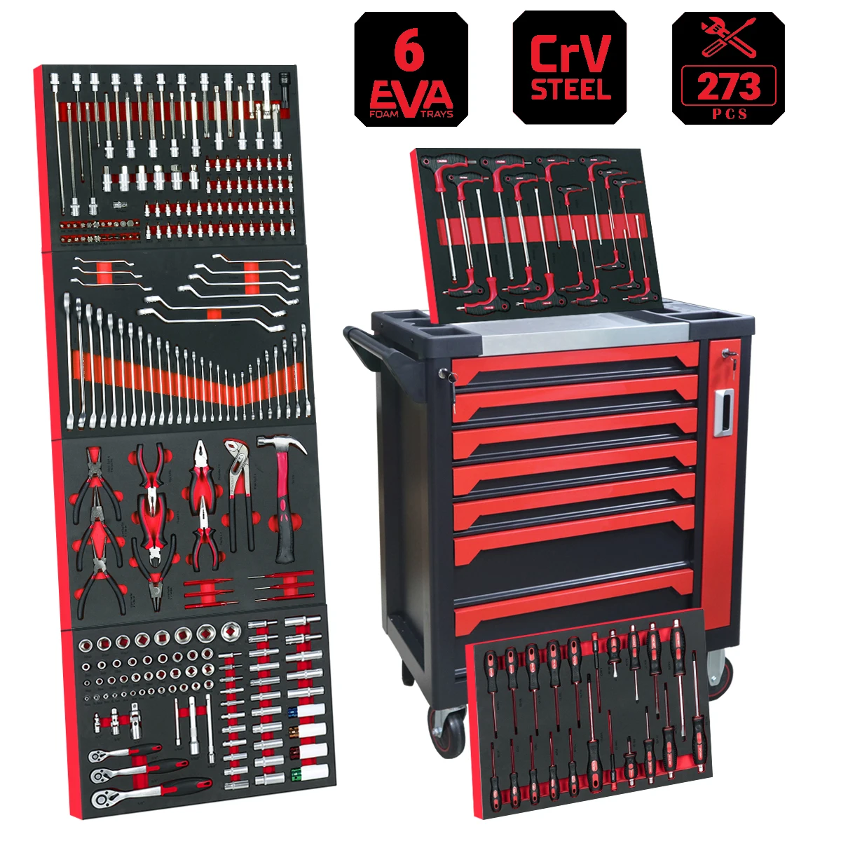 273PCS 7 Drawers Rolling Tool Trolley Cabinet With 6 EVA Foam Trays CrV Steel Auto Repair Mechanic Hand Tool Set