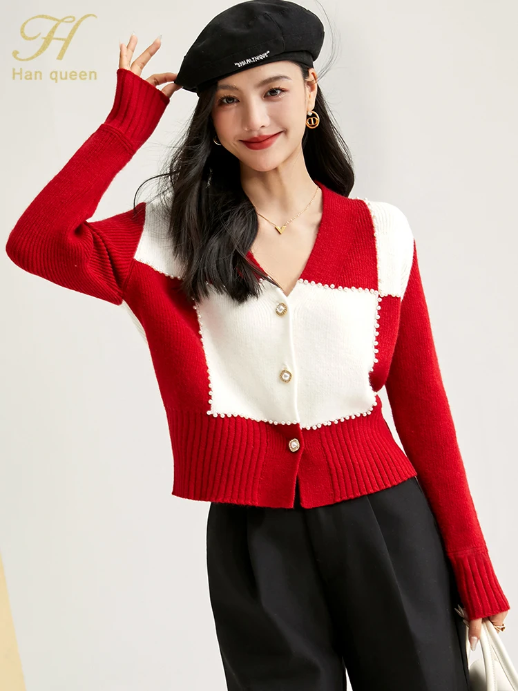 H Han Queen Autumn Top New Korean Fashion Basics Color Blocking Elastic Sweaters Chic Knitted Bottoming Cardigans Sweaters Women