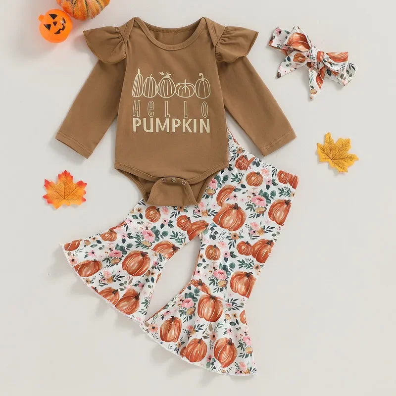 Halloween Baby Girl Pant Sets Autumn Clothes Letter Pumpkin Long Sleeves Bodysuit and Flared Pants Headband 3 Pieces Outfits