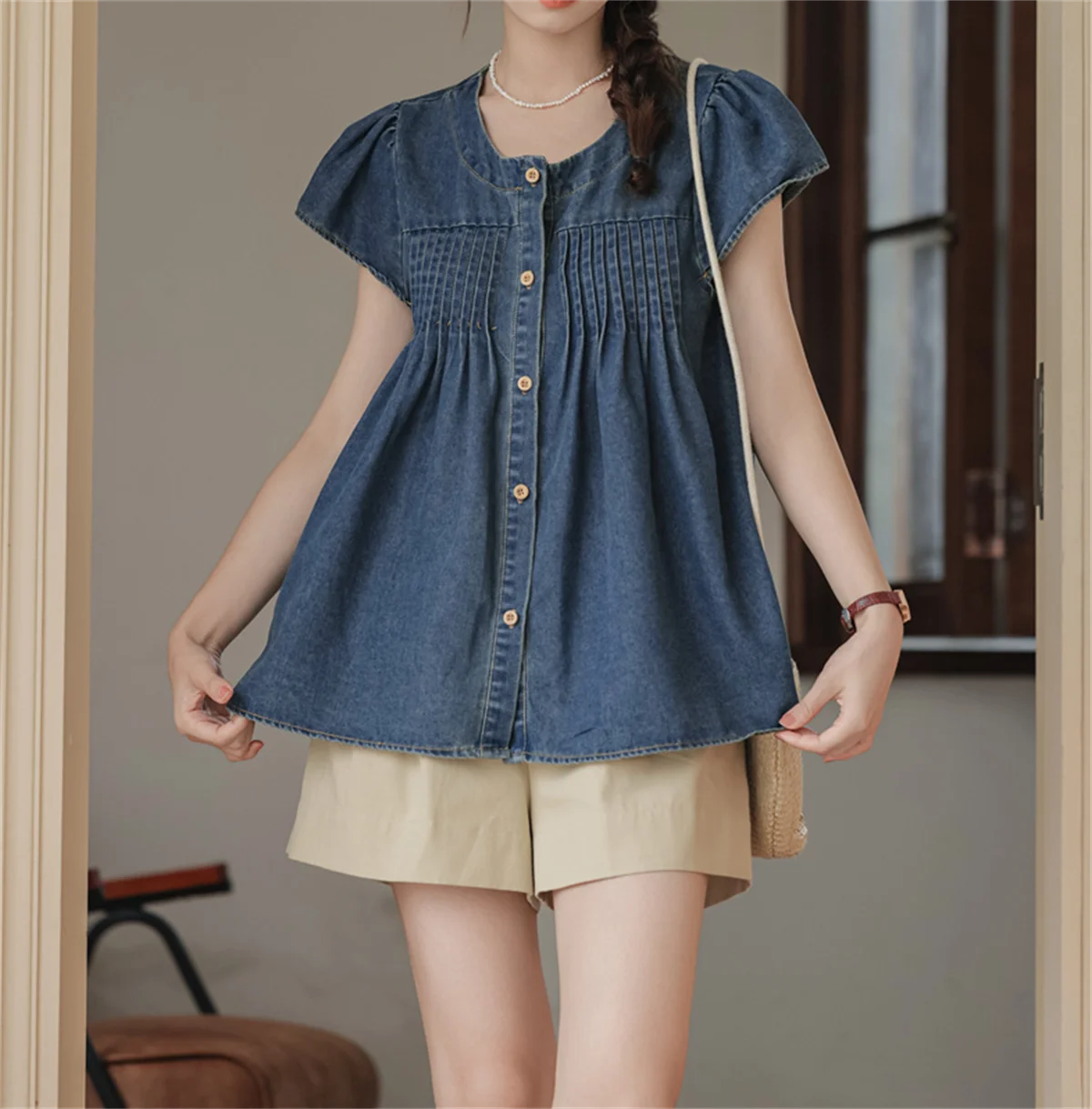 Vintage Denim Shirt Top Pleated Single Breasted O Neck 2024 Pleat Short Sleeve Shirts Casual Summer Loose Women Solid Chic Tops