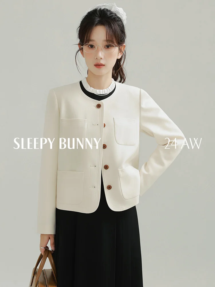 Elegant Retro Casual Contrast Trim Round Neck Jacket Short Cropped Blazer Women Vintage Chic Slim Fit Single Breasted Coat Top