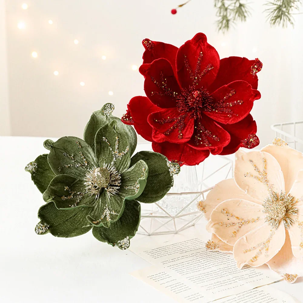 

24cm Christmas Decoration Flower Cloth Elegant Simple Imitation Flower Magnolia Family Party Christmas Tree Decoration Flower