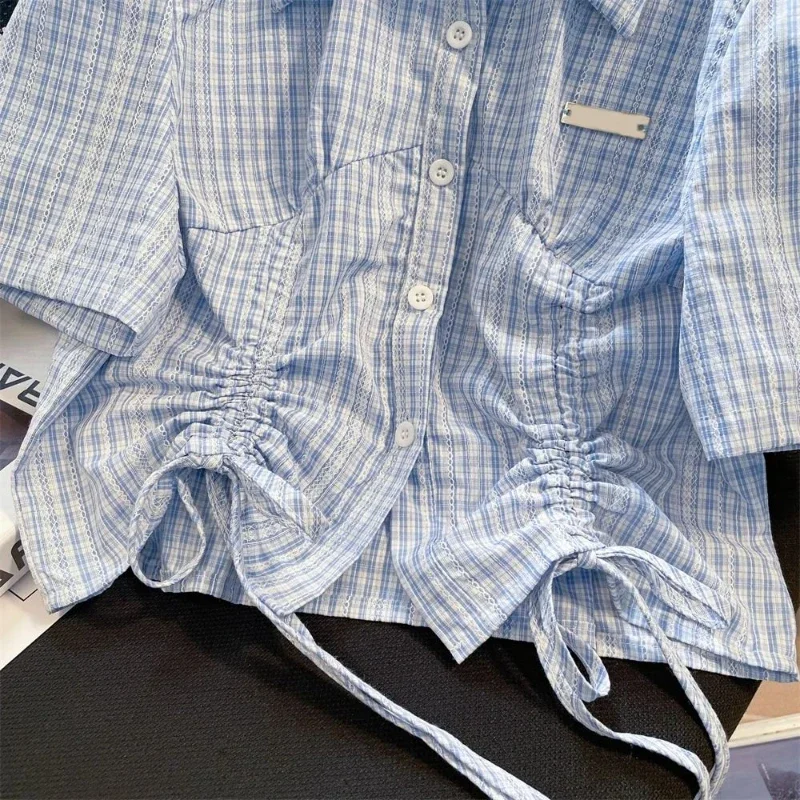 French Chic Short Drawstring Plaid Shirt Niche Puff Short Sleeved Female Blouse Fashion Ruched Single Breasted Patchwork Top