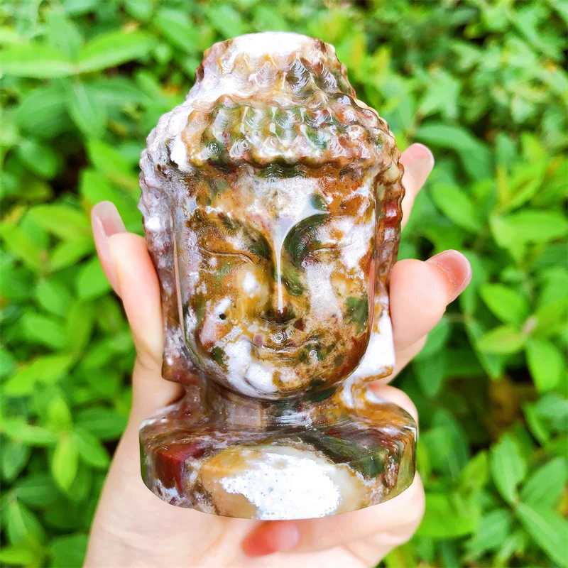 Přírodní oceán jaspis buddhy hlava řezbářský figurka okrasa, hojení feng shui řemeslo, buddhismus domácí ozdoba, 1ks, 8cm