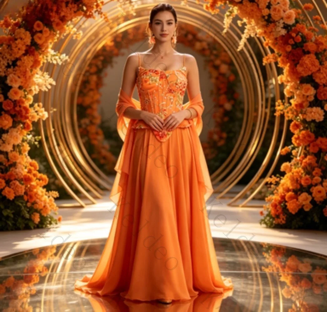 Customized Spaghetti Strap A-line Evening Dress Floral Embroidery Corset Bodice Chiffon Floor Length with Matching Shawl Formal