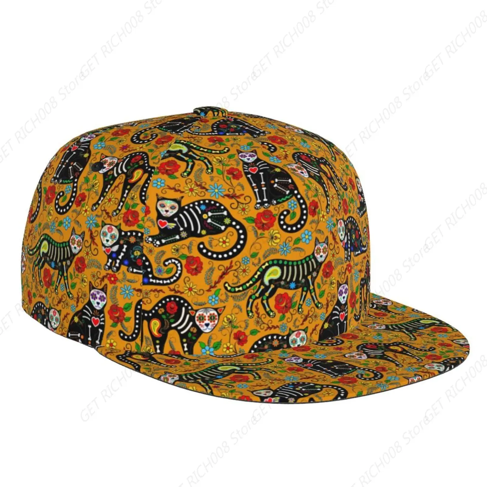 Skull Cat Snapback Hat Caps Unisex Adult Hip Hop Style Flat Bill Trucker Hats Adjustable Baseball Cap for Men Women