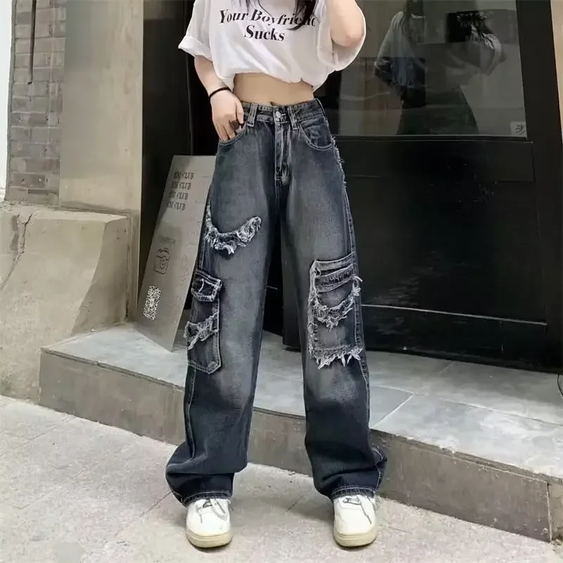 

Vintage Hip Hop Washed Jeans for Female Loose Thin Trousers Blue and Grey Wide Legged Y2K