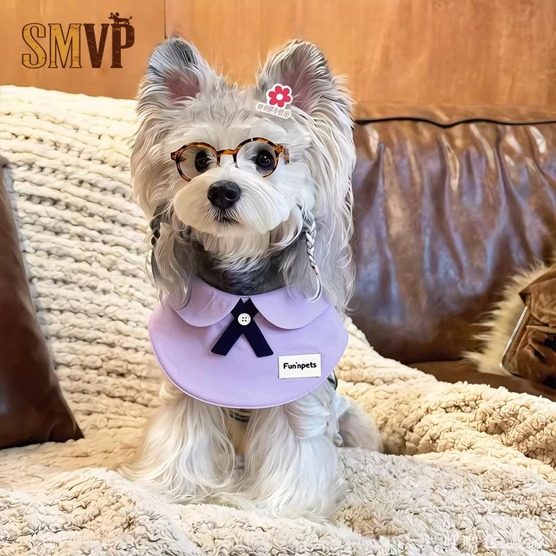

School Uniform Design Gentle Light Purple College Style Lapel Bow Decoration Pet Kitten Puppy Decoration Bib Adjustable Size
