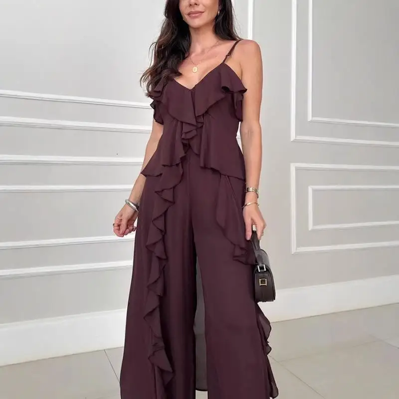 

Women's V-neck Camisole Ruffled Straight Leg Pants Fashion Set Sexy Style Long Pants No Sleeve Summer Collection