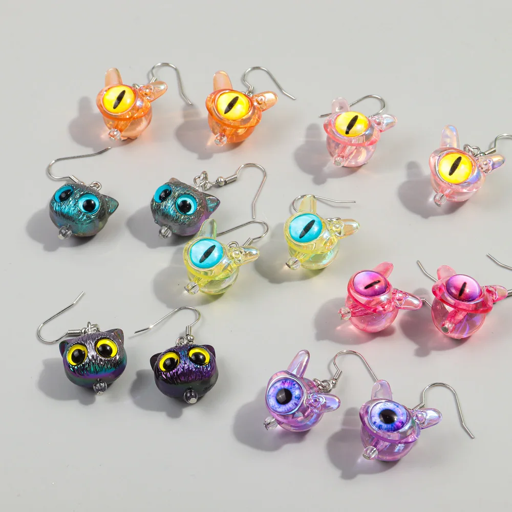 FishSheep Korean Cute Cat Head Monster Drop Earrings for Women Girls One-eyed Unusual Dangle Earring  Jewelry and Accessories