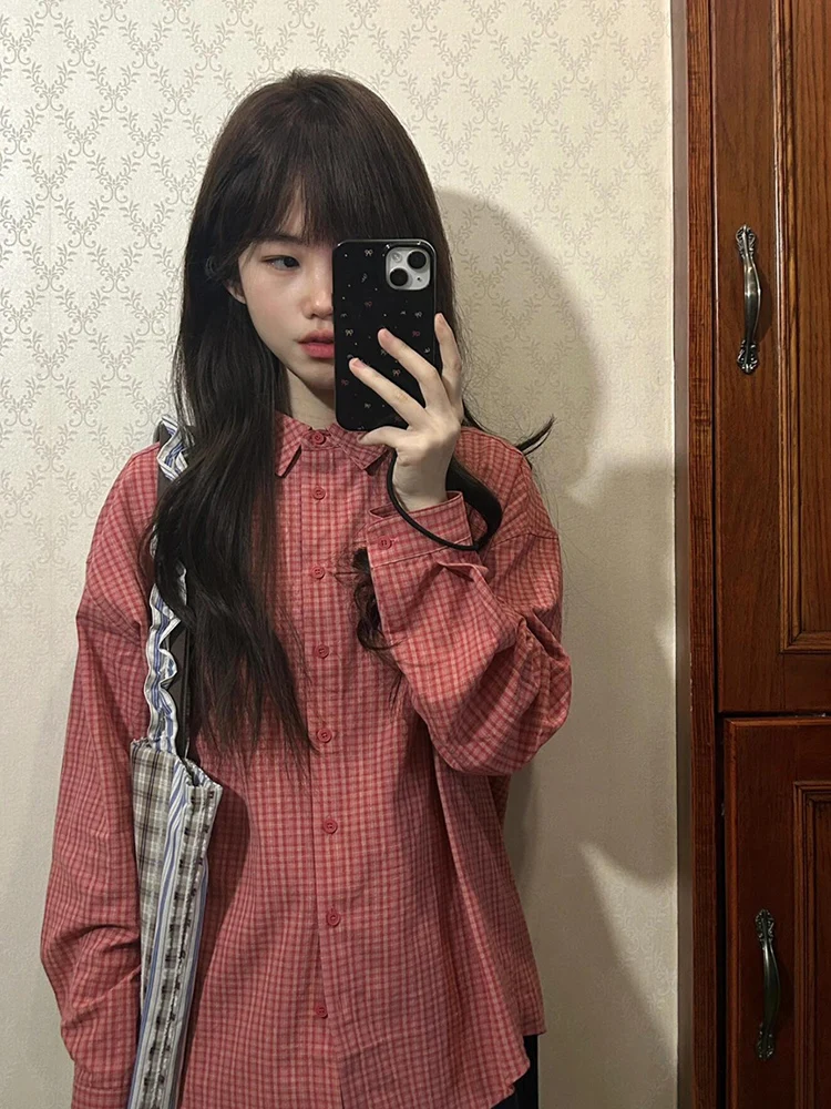 

Casual Pink Plaid Long Sve irt Women's Spring Summer New Versatile Turn Collar Design Sense irt Jaet Japanese Sle