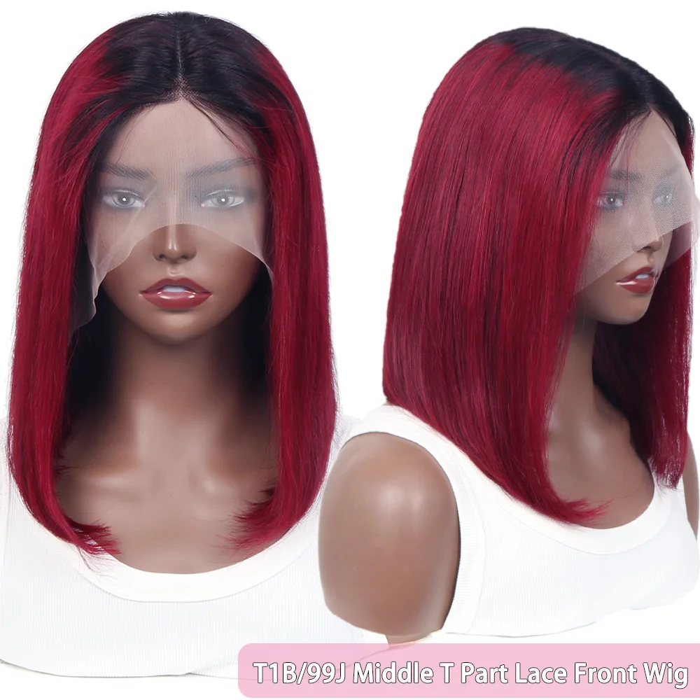 T1B/99J Burgundy Bob Wig Human Hair 13x4 Lace Frontal Short Straight Bob Wigs Pre Plucked T Part Lace Wig 180% Density Ombre Wig