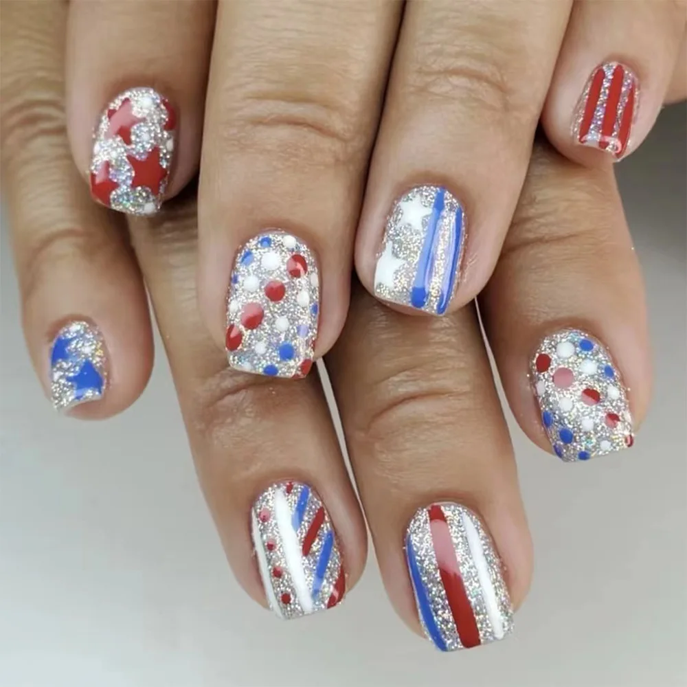 Frosted Glitter Independence Day Nails Short Glossy Blue and Red Stars Fake Nails Stripes Manicure Set Wearable Nails