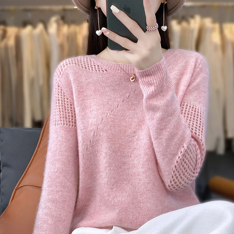 100% Merino Wool Clothing Women\'s O-Neck Pullover Spring and Autumn Thin Knitted Thread Hollow Top Fashion Korean New Product