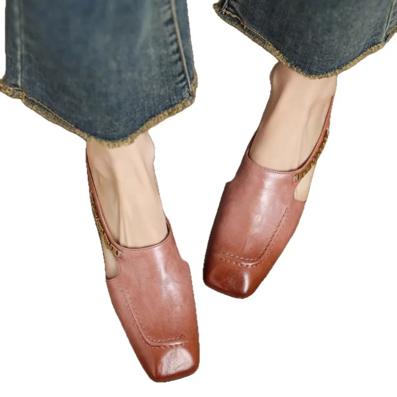 

Women's Slippers Fashion Square Toe Metal Chain Height Increase Chunky Mules Shoes Outdoor Comfort Soft Versatile Half Slippers