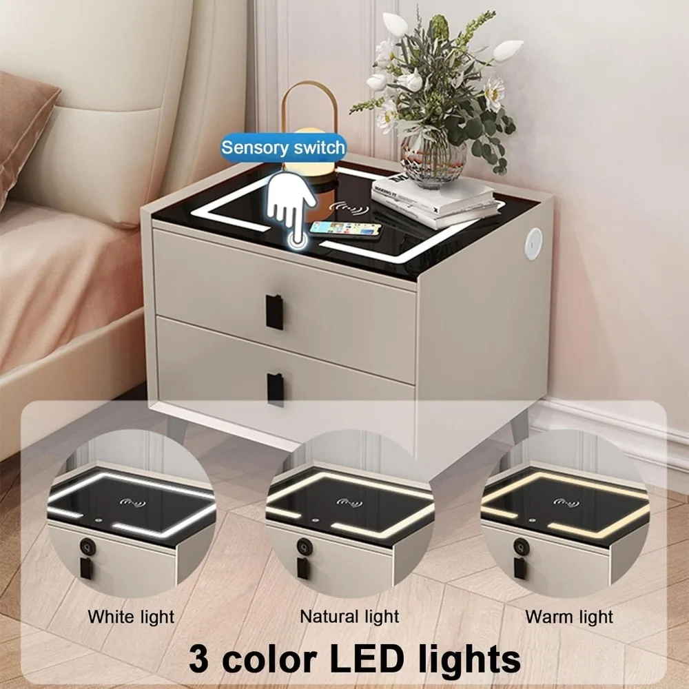 Comodino con ricarica intelligente con luci a LED, tavolino moderno per divani per camere da letto in 3 colori