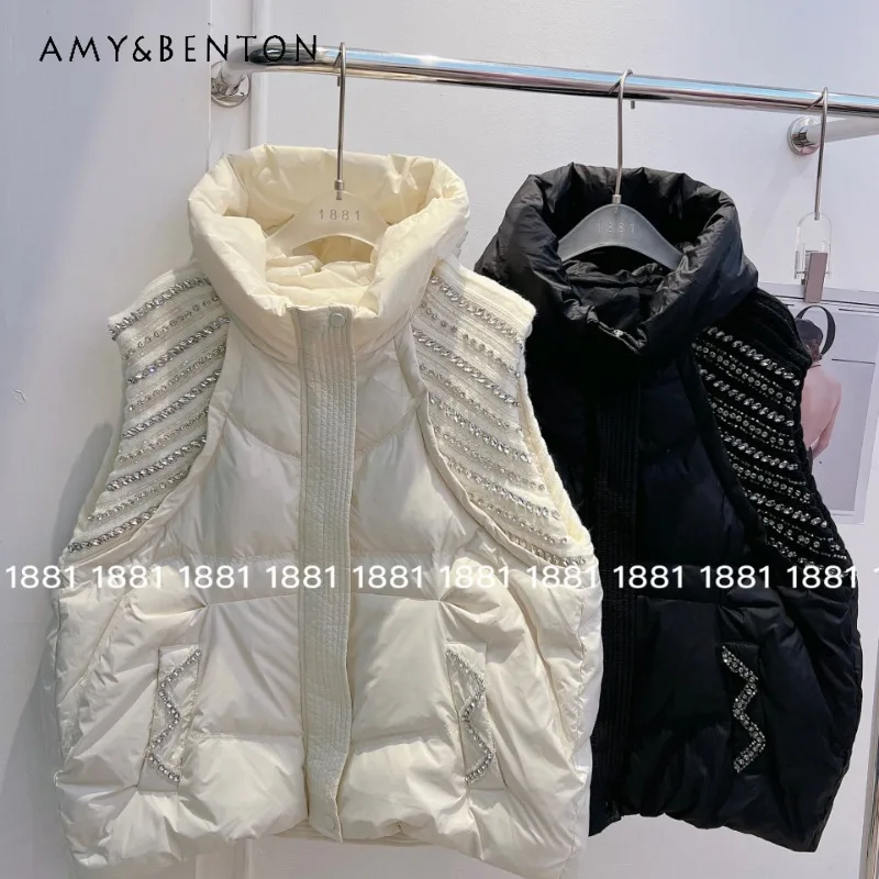 

2024 Autumn And Winter New Fashion Versatile Splicing Cuffs Heavy Industry Beads Down Vest Women's Wear Casual Waistcoat Parkas