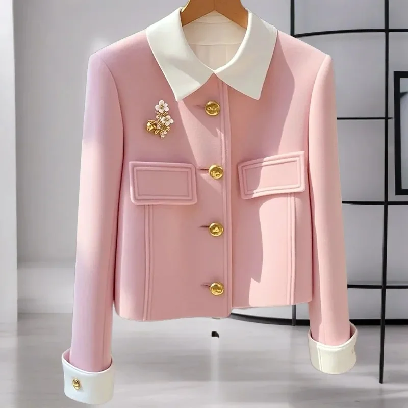 Korean Fashion Easy Femme Windbreaker Jacket Autumn Women's Short Coat Pink Single-Breasted Woolen Women Overcoat