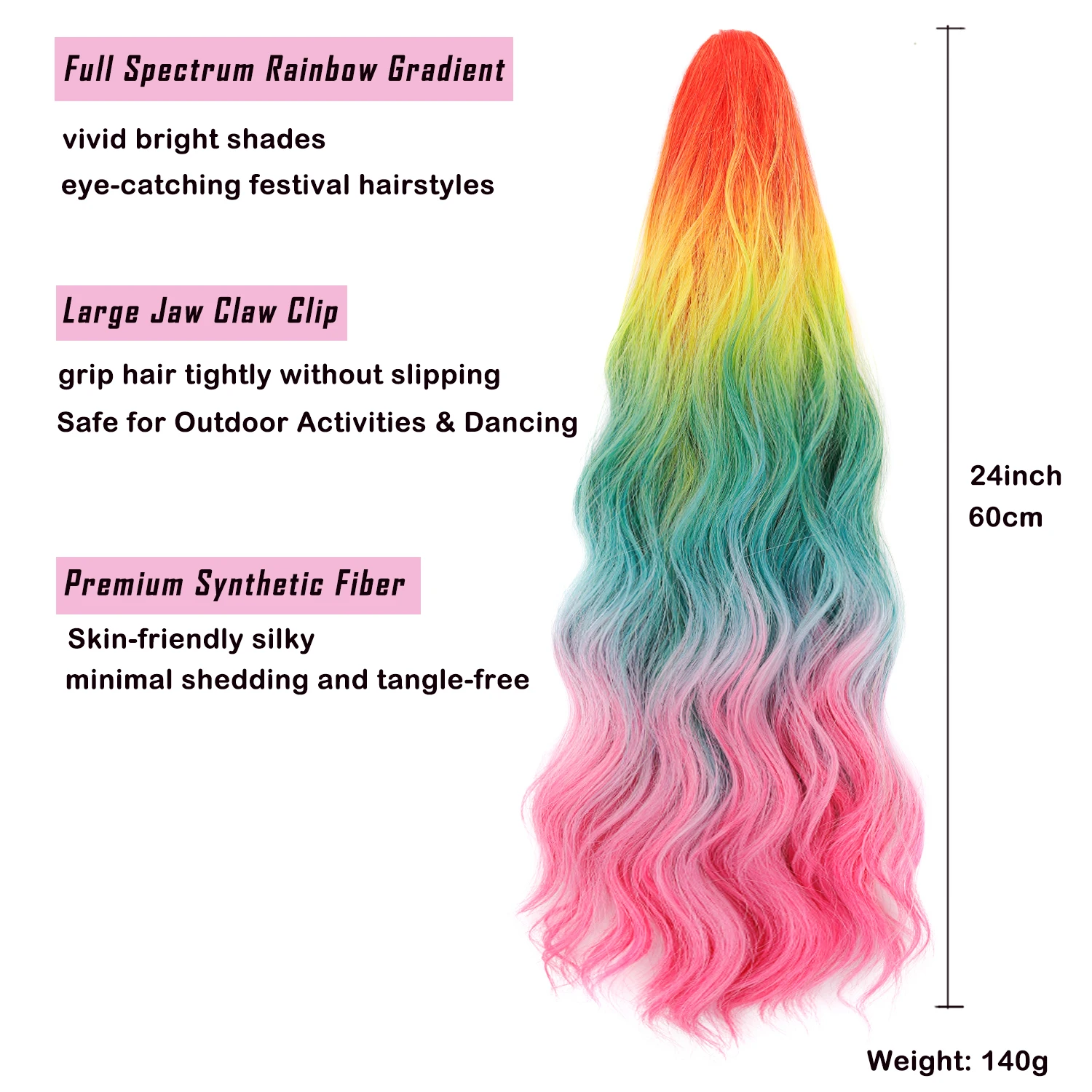 Zolin Long Wavy Hair Ponytails Rainbow Ombre Gradient Color Ponytail Hair Extension with Claw Instant Styling Paty Hairpiece