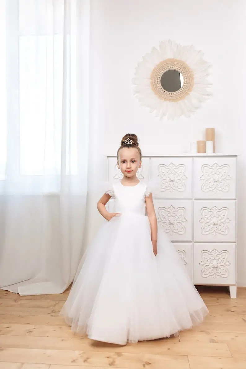 فستان فتاة الزهور البيضاء فستان زفاف الأميرة وصيفة العروس الصغيرة الطفل مفتوح الظهر فستان فتاة فساتين الحفلات المسائية #1