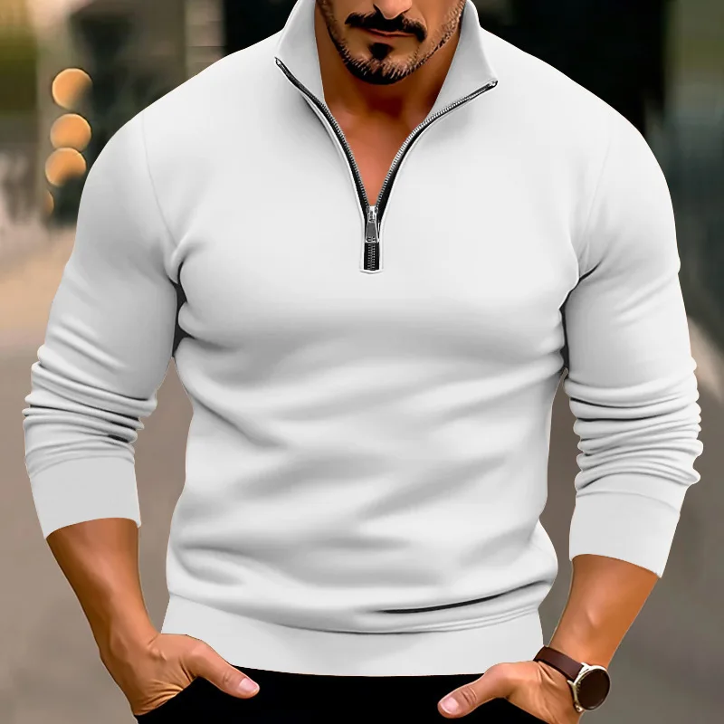 2024 new autumn and winter casual men's tops solid color long-sleeved half-zip stand collar T-shirt gentleman's tops for men