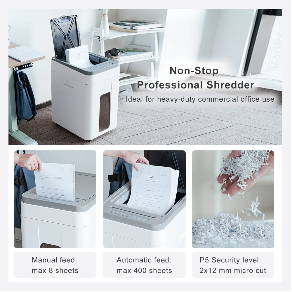 50L Auto Feed Paper Shredder: 400 Sheet P5 Micro Cut Machine Heavy Duty Industrial Commercial Document Destroyer for Home Office