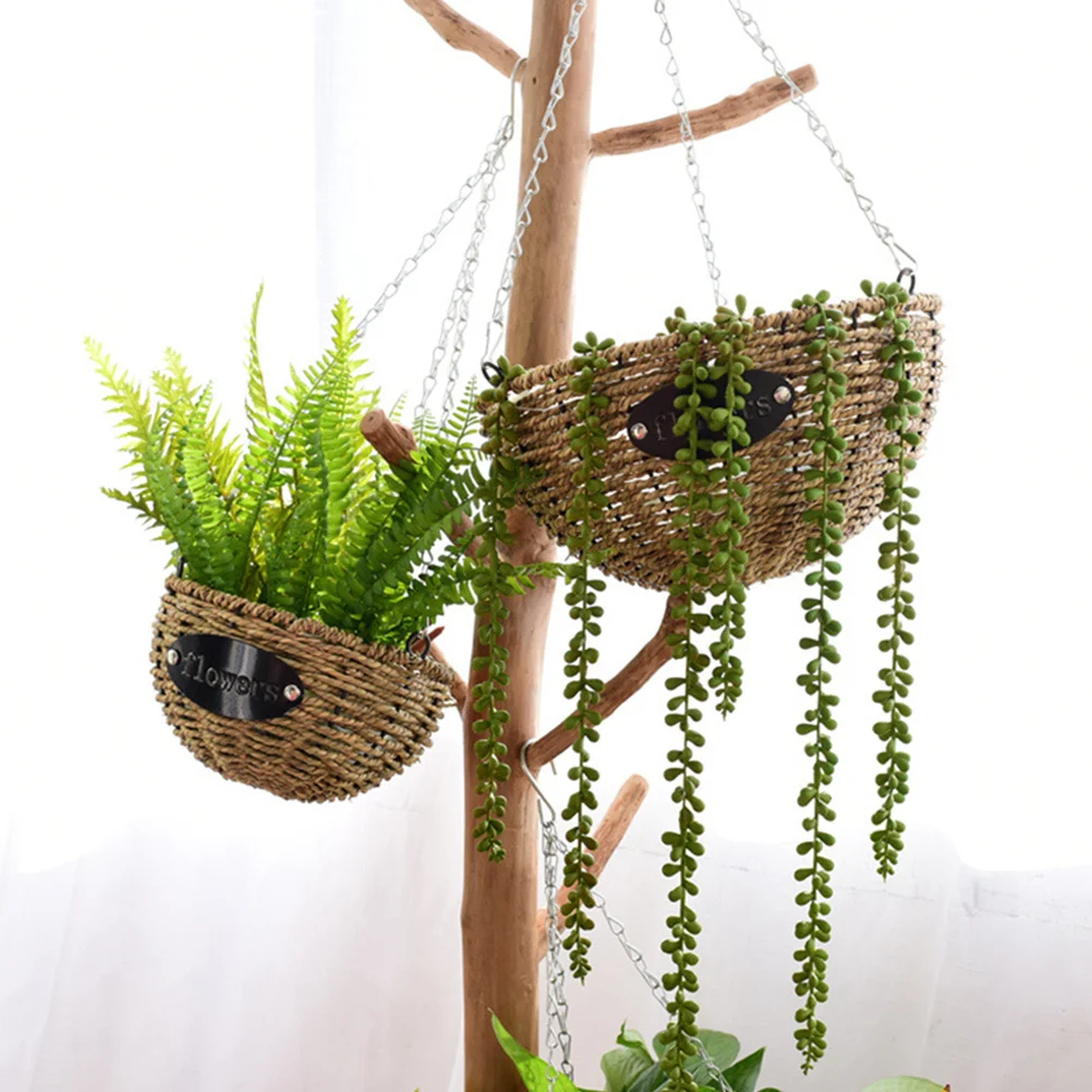 

Hanging Planter Basket Woven Straw Flower Pot With Chain For Garden Balcony Indoor Outdoor Decor Plant Holder Wall Hanging
