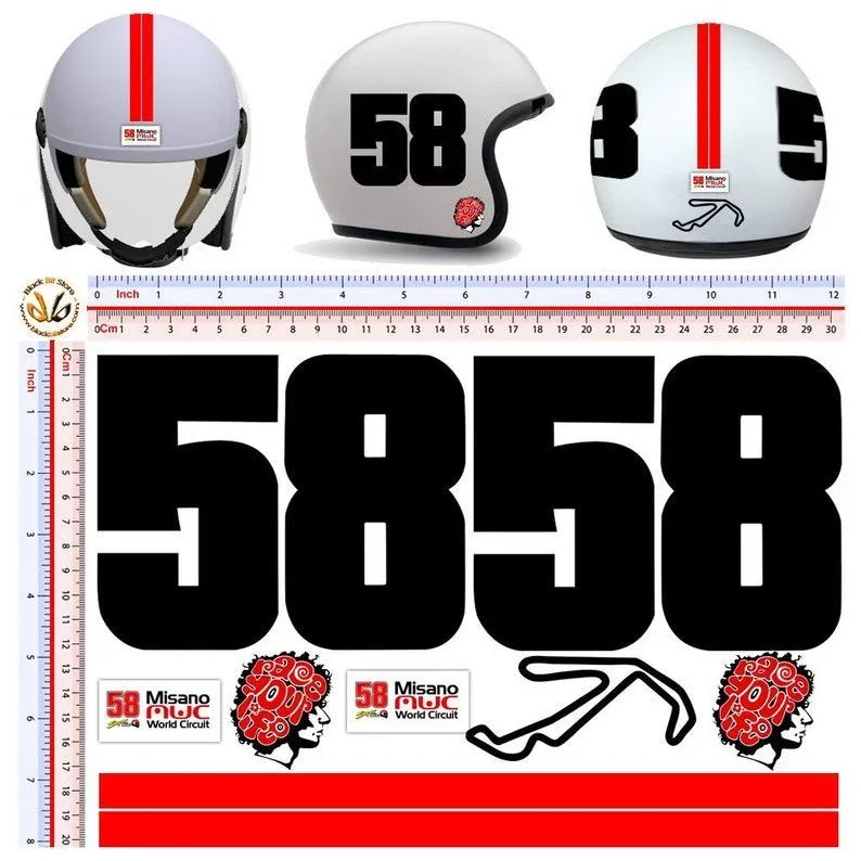 

For 1Set Stickers helmet 58 marco simoncelli race your life misano circuit moto sticker number 58 sic helmet decal tuning 9 PZ.