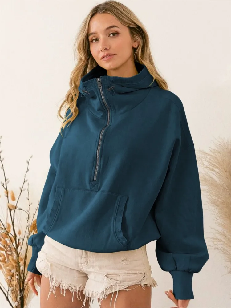 

Women's Solid Hoodies Autumn Zip Up Pocket Loose Hoodie Fashion Sportswear Clothing Hooded Tops Casual Y2k Sweatshirt Outfits