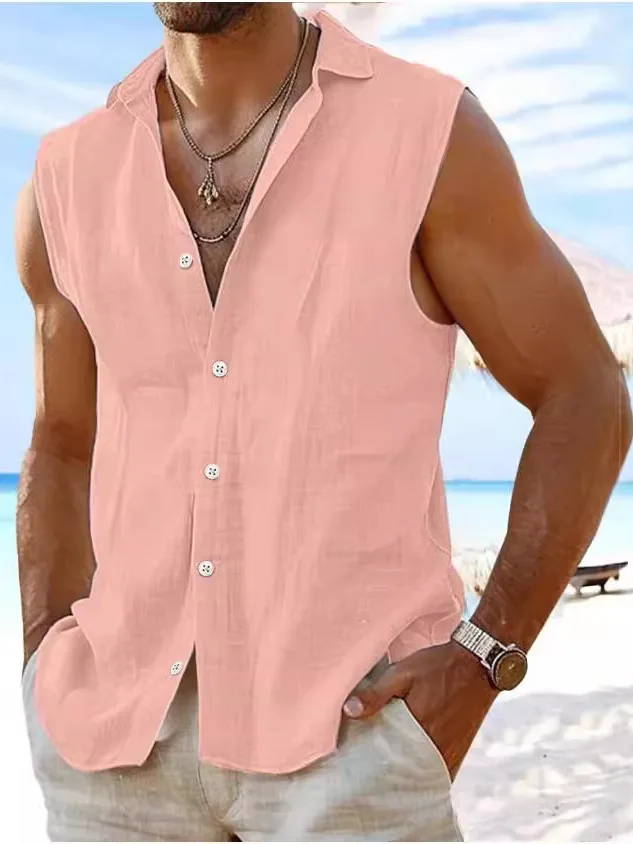 

Hawaii Color Svel Cotton Linen irt Independent Station Collar Beach irt Cross Pure Color Summer Loose Fit Men...