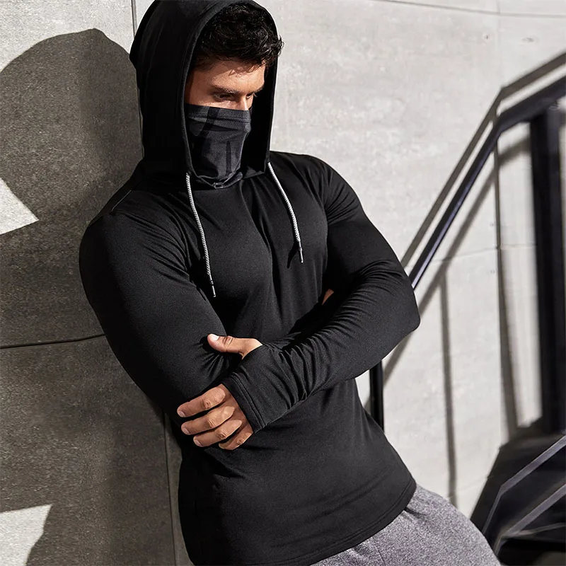 New Men's Top Hooded Fitness Clothing Solid Color Running Sports Casual Long Sleeve Breathable Sweat-absorbing