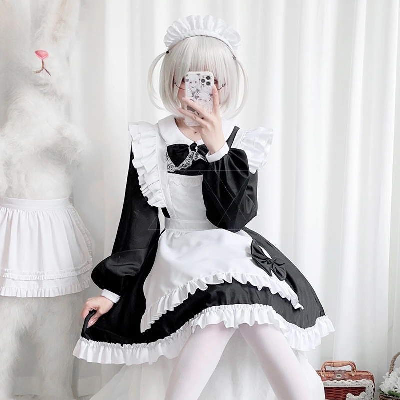 Plus Size Gothic Maid Set Black White Tiered Lolita Dress Apron Bow Set Curvy Anime Cafe Uniform for Halloween Tea Party Cosplay view 2