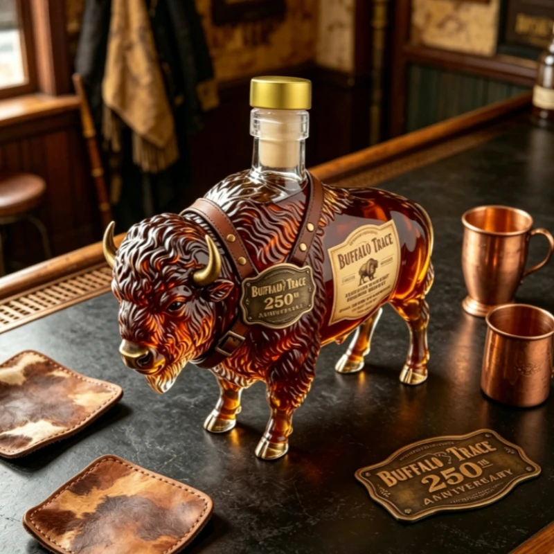 Decantador de Whisky de Vidrio con Forma de Bisonte, Botella de Licor con Tapa Dorada para el 250 Aniversario de Buffalo Trace, Decoración para Bar en Casa, Regalo